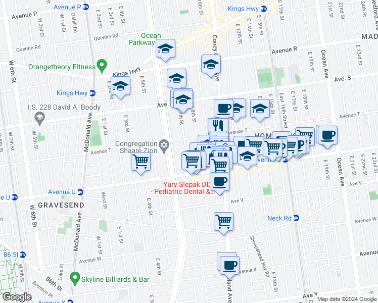 map of restaurants, bars, coffee shops, grocery stores, and more near 2097 East 7th Street in Brooklyn