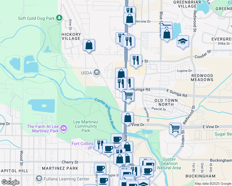 map of restaurants, bars, coffee shops, grocery stores, and more near 912 North Mason Street in Fort Collins