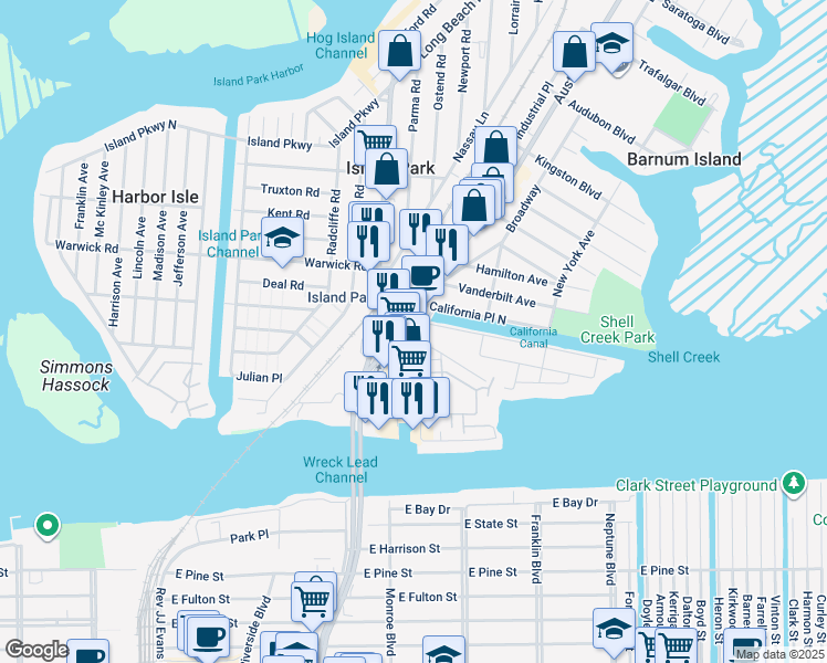 map of restaurants, bars, coffee shops, grocery stores, and more near 97 Baker Court in Island Park