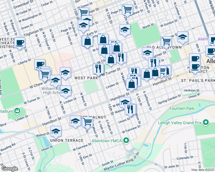 map of restaurants, bars, coffee shops, grocery stores, and more near 36 North Franklin Street in Allentown