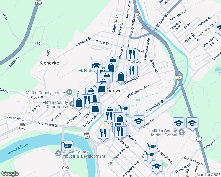 map of restaurants, bars, coffee shops, grocery stores, and more near 17 Chestnut Street in Lewistown