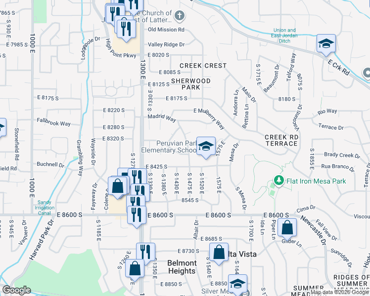 map of restaurants, bars, coffee shops, grocery stores, and more near 8360 South El Manicero Way in Sandy