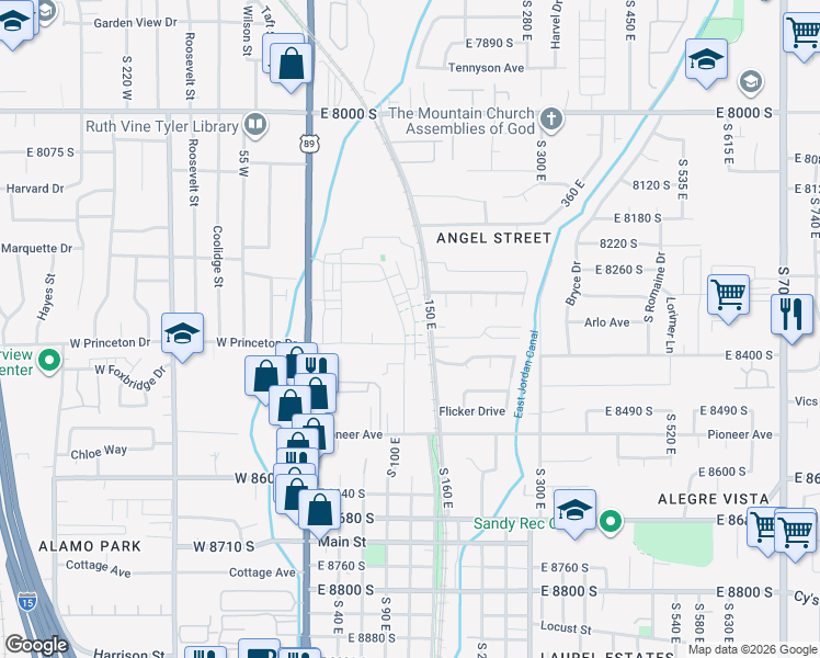 map of restaurants, bars, coffee shops, grocery stores, and more near 8300 150 East in Sandy