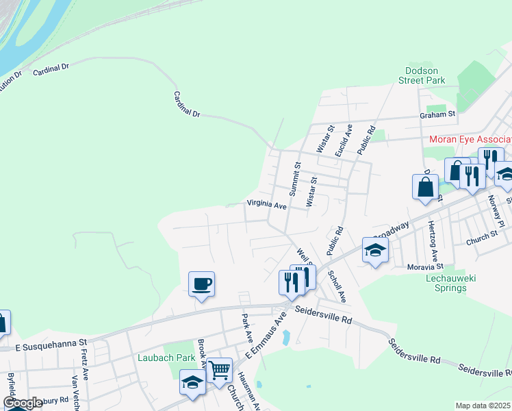 map of restaurants, bars, coffee shops, grocery stores, and more near 1764 Virginia Avenue in Bethlehem
