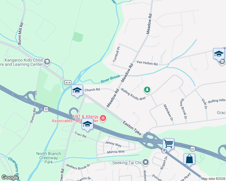 map of restaurants, bars, coffee shops, grocery stores, and more near 455 Meadow Road in Bridgewater Township