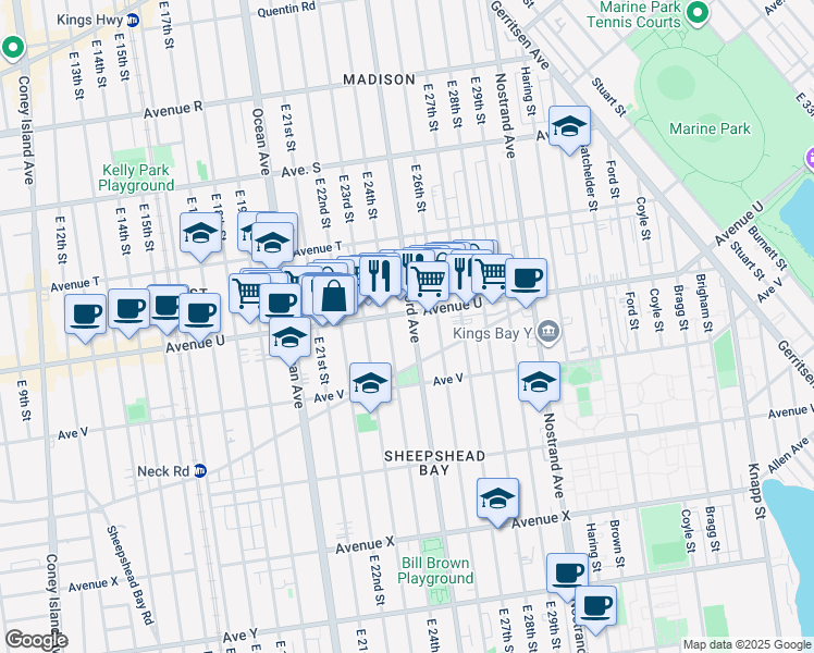 map of restaurants, bars, coffee shops, grocery stores, and more near 4196 Bedford Avenue in Brooklyn