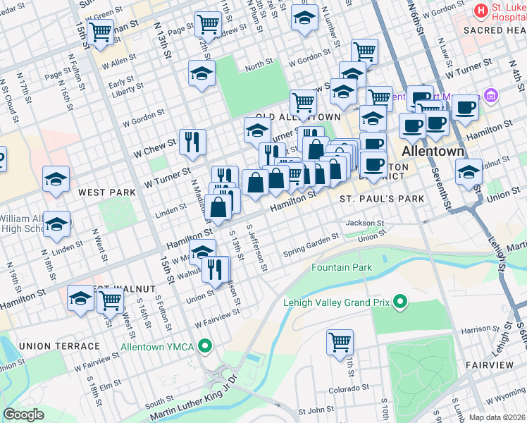 map of restaurants, bars, coffee shops, grocery stores, and more near Hamilton Street in Allentown