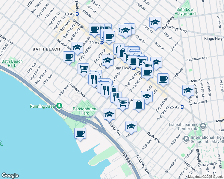 map of restaurants, bars, coffee shops, grocery stores, and more near 8732 Bay Parkway in Brooklyn