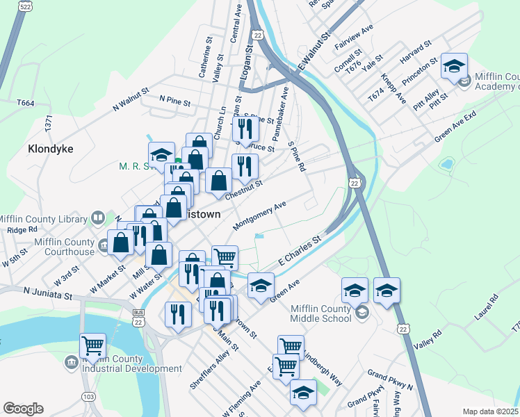 map of restaurants, bars, coffee shops, grocery stores, and more near 39 Montgomery Avenue in Lewistown