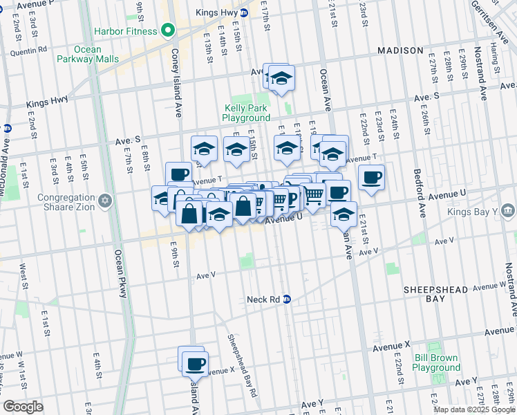map of restaurants, bars, coffee shops, grocery stores, and more near 2074 East 14th Street in Brooklyn
