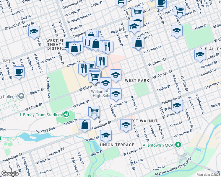 map of restaurants, bars, coffee shops, grocery stores, and more near 214 North Saint Cloud Street in Allentown
