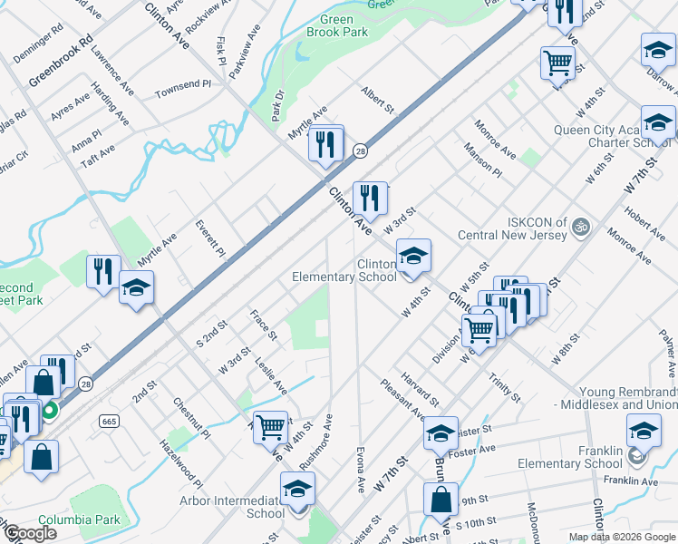 map of restaurants, bars, coffee shops, grocery stores, and more near 320 Evona Avenue in Plainfield