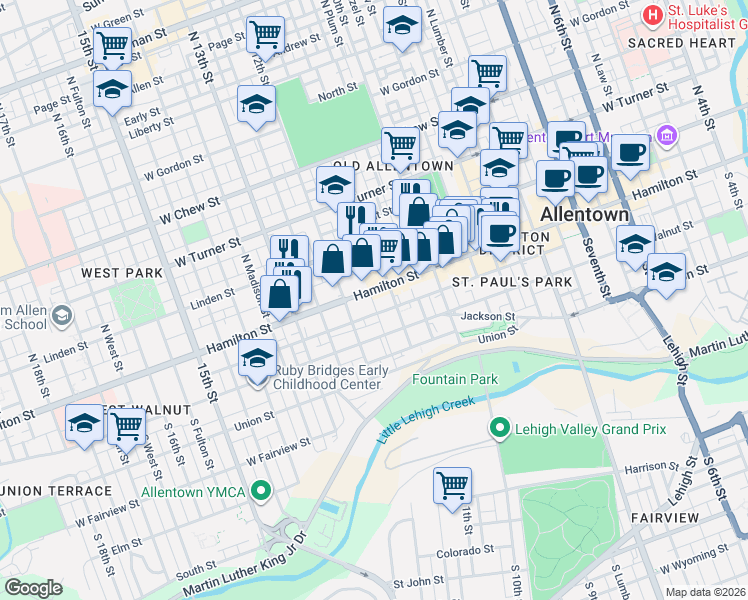 map of restaurants, bars, coffee shops, grocery stores, and more near 1116 West Maple Street in Allentown