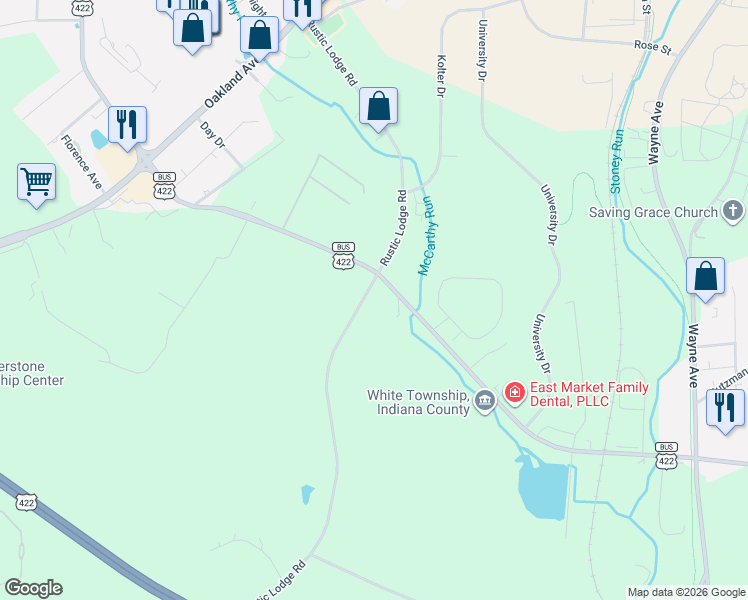 map of restaurants, bars, coffee shops, grocery stores, and more near 721 Rustic Lodge Road in Indiana