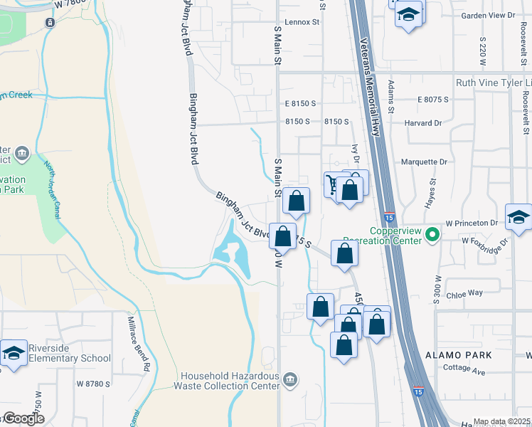 map of restaurants, bars, coffee shops, grocery stores, and more near Iris Lumi Ln in Midvale