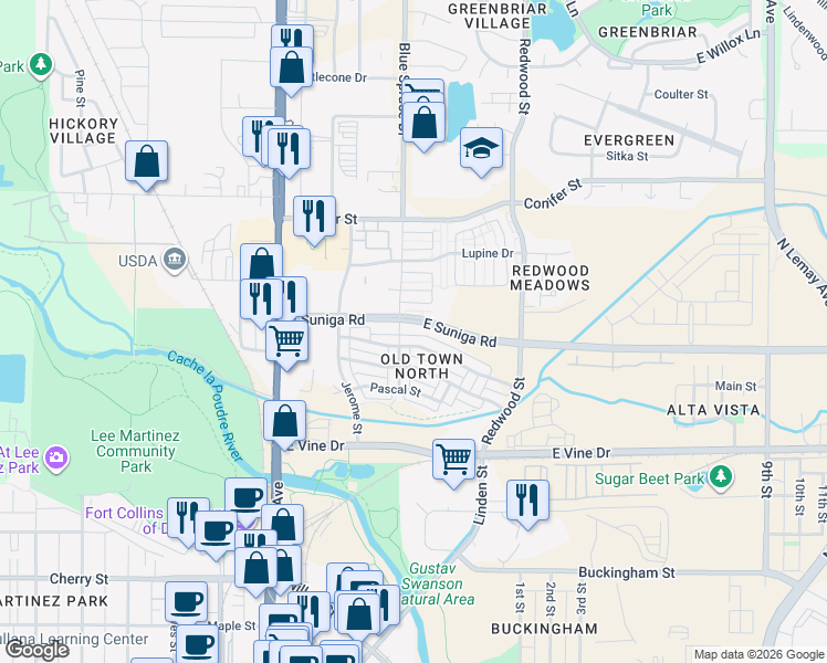 map of restaurants, bars, coffee shops, grocery stores, and more near 909 Blondel Street in Fort Collins