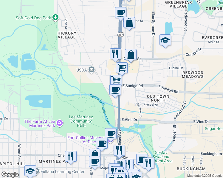 map of restaurants, bars, coffee shops, grocery stores, and more near 912 North Mason Street in Fort Collins