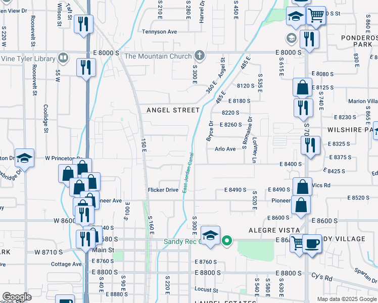 map of restaurants, bars, coffee shops, grocery stores, and more near 8378 South 300 East in Sandy