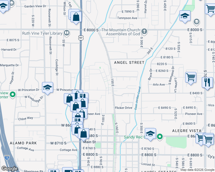 map of restaurants, bars, coffee shops, grocery stores, and more near 8300 150 East in Sandy