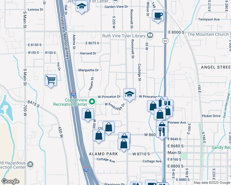map of restaurants, bars, coffee shops, grocery stores, and more near 179 8375 South in Midvale