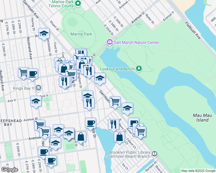 map of restaurants, bars, coffee shops, grocery stores, and more near 2401 Stuart Street in Brooklyn