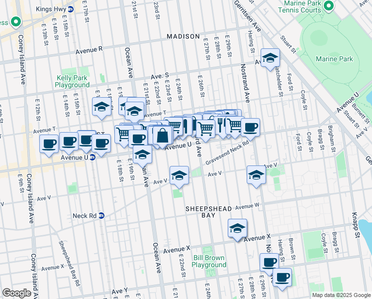 map of restaurants, bars, coffee shops, grocery stores, and more near 2135 East 24th Street in Brooklyn