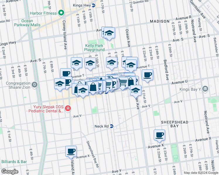map of restaurants, bars, coffee shops, grocery stores, and more near 1417 Avenue U in Brooklyn