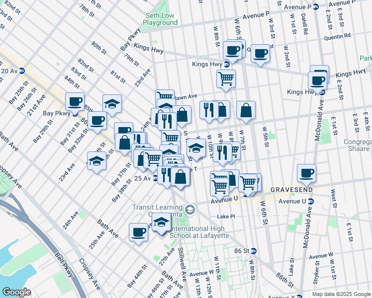 map of restaurants, bars, coffee shops, grocery stores, and more near 1961 West 13th Street in Brooklyn