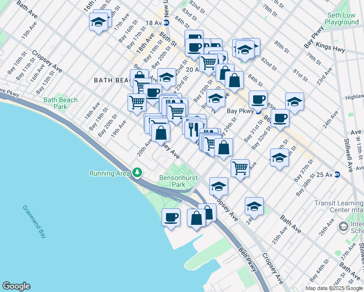 map of restaurants, bars, coffee shops, grocery stores, and more near 8818 21st Avenue in Brooklyn
