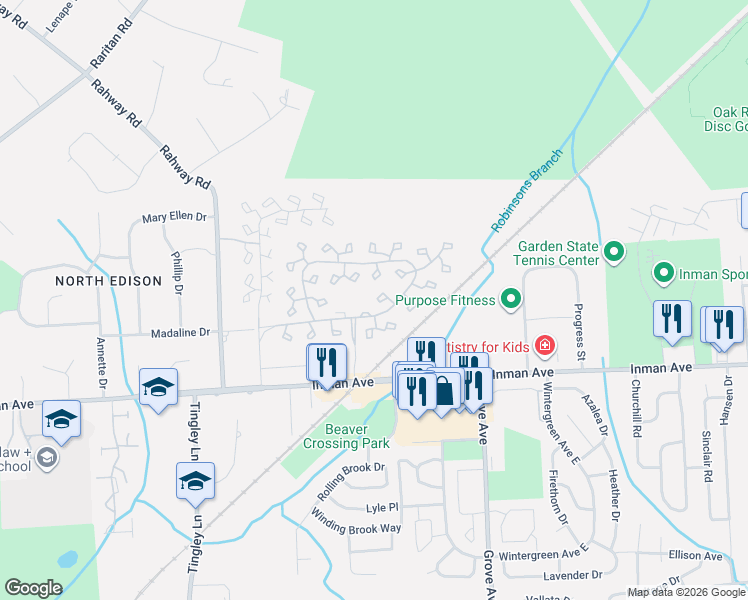 map of restaurants, bars, coffee shops, grocery stores, and more near 138 Westgate Drive in Edison