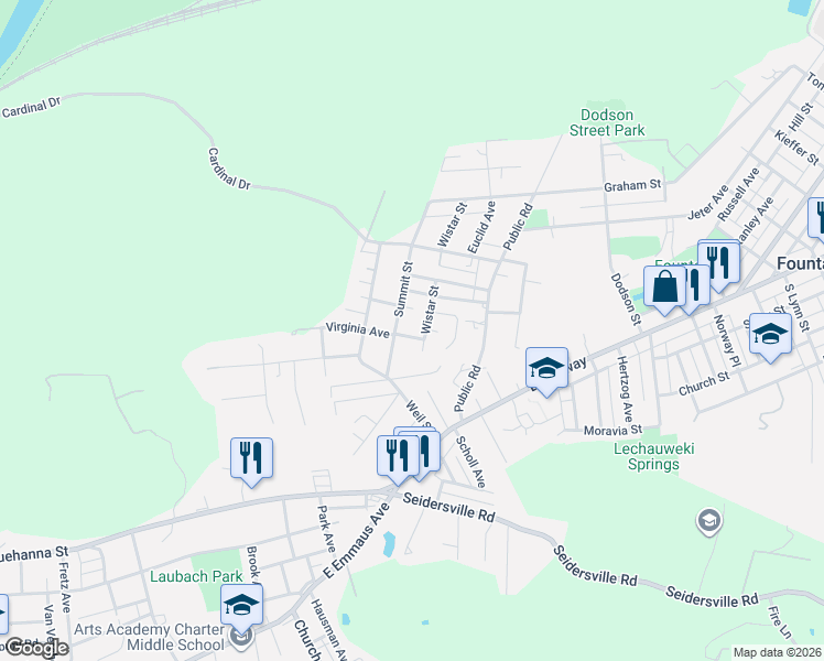 map of restaurants, bars, coffee shops, grocery stores, and more near 1714 Virginia Avenue in Bethlehem