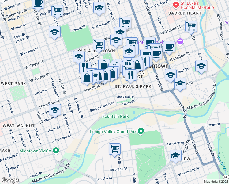 map of restaurants, bars, coffee shops, grocery stores, and more near 968 Jackson Street in Allentown