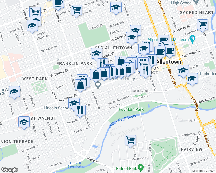 map of restaurants, bars, coffee shops, grocery stores, and more near 1116 West Maple Street in Allentown