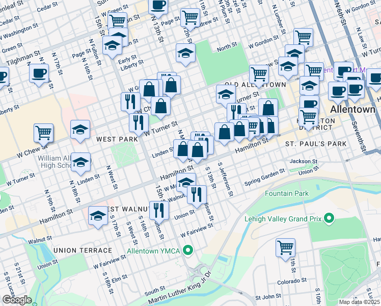 map of restaurants, bars, coffee shops, grocery stores, and more near 1315 Hamilton Street in Allentown