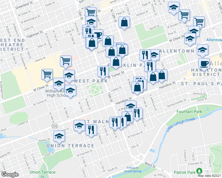 map of restaurants, bars, coffee shops, grocery stores, and more near 44 North 15th Street in Allentown