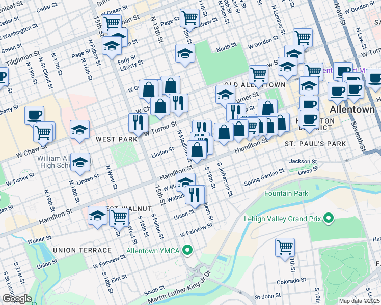 map of restaurants, bars, coffee shops, grocery stores, and more near 1315 Hamilton Street in Allentown