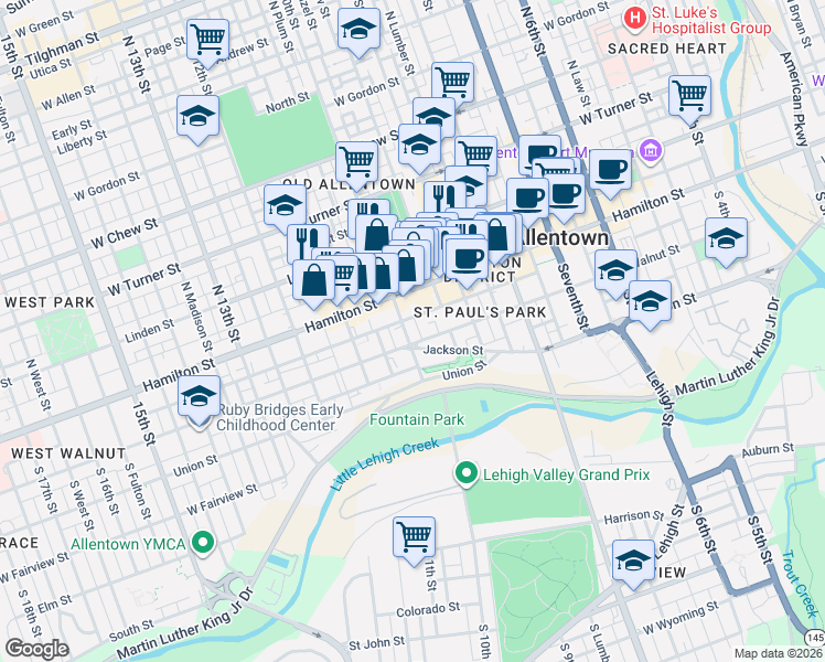 map of restaurants, bars, coffee shops, grocery stores, and more near 968 Jackson Street in Allentown