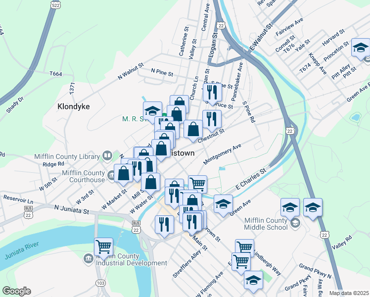 map of restaurants, bars, coffee shops, grocery stores, and more near 36 Chestnut Street in Lewistown