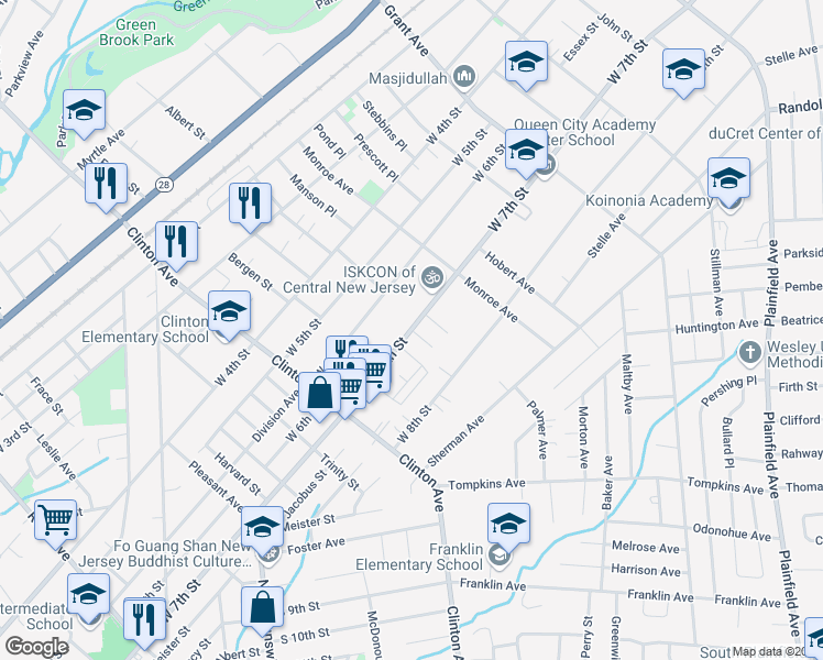map of restaurants, bars, coffee shops, grocery stores, and more near Elaine Court in Plainfield