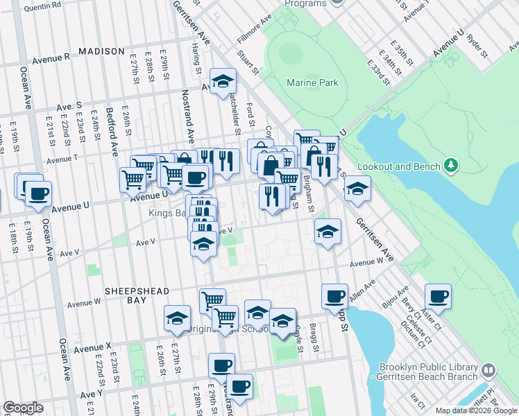 map of restaurants, bars, coffee shops, grocery stores, and more near 2178 Ford Street in Brooklyn