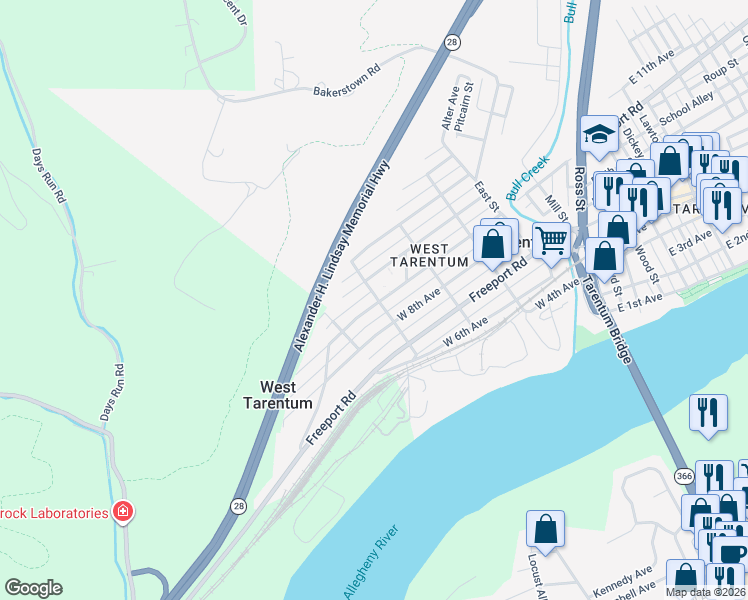 map of restaurants, bars, coffee shops, grocery stores, and more near 400 West 8th Avenue in Tarentum