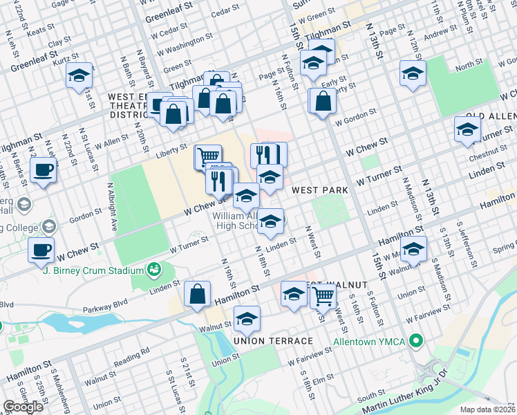 map of restaurants, bars, coffee shops, grocery stores, and more near 216 North Saint Cloud Street in Allentown