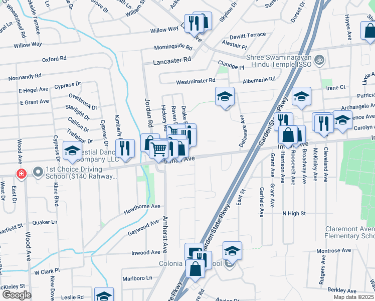 map of restaurants, bars, coffee shops, grocery stores, and more near 498 Inman Avenue in Woodbridge Township