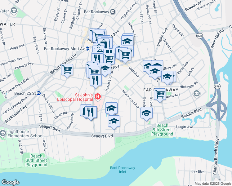 map of restaurants, bars, coffee shops, grocery stores, and more near 340 Beach 17th Street in Queens