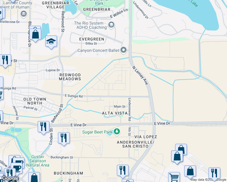 map of restaurants, bars, coffee shops, grocery stores, and more near 957 Birdwhistle Lane in Fort Collins