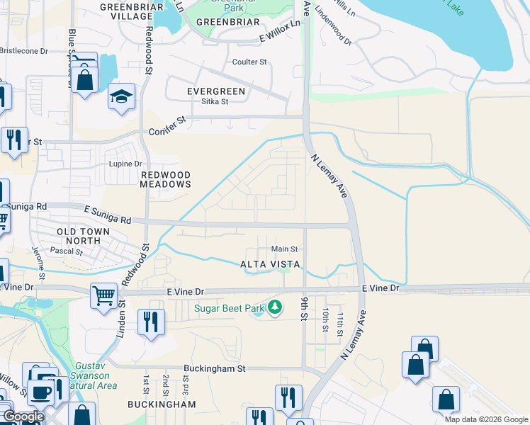 map of restaurants, bars, coffee shops, grocery stores, and more near 957 Birdwhistle Lane in Fort Collins
