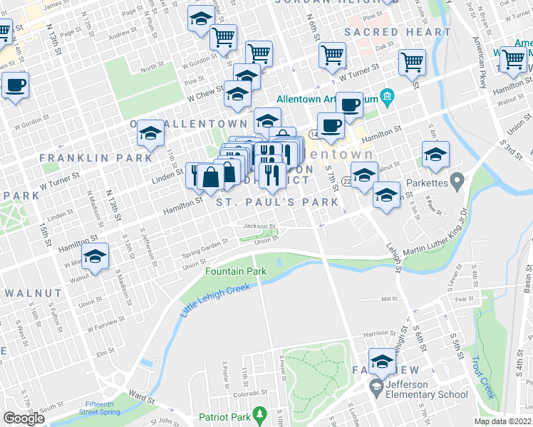 map of restaurants, bars, coffee shops, grocery stores, and more near 912 Walnut Street in Allentown