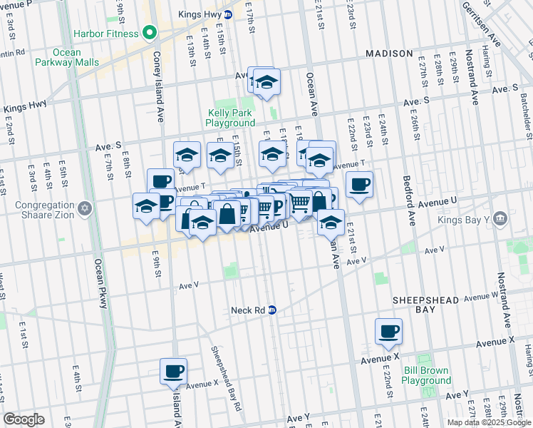 map of restaurants, bars, coffee shops, grocery stores, and more near 2075 East 16th Street in Brooklyn
