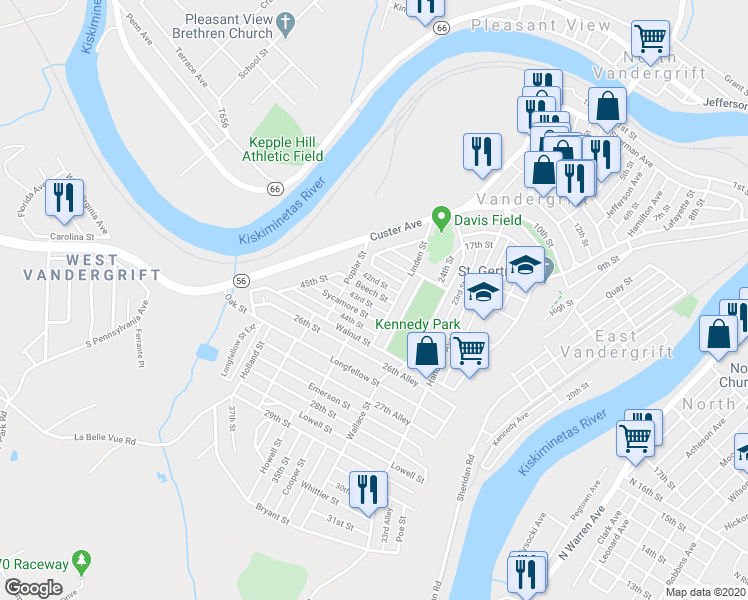 map of restaurants, bars, coffee shops, grocery stores, and more near 311 1/2 Beech Street in Vandergrift