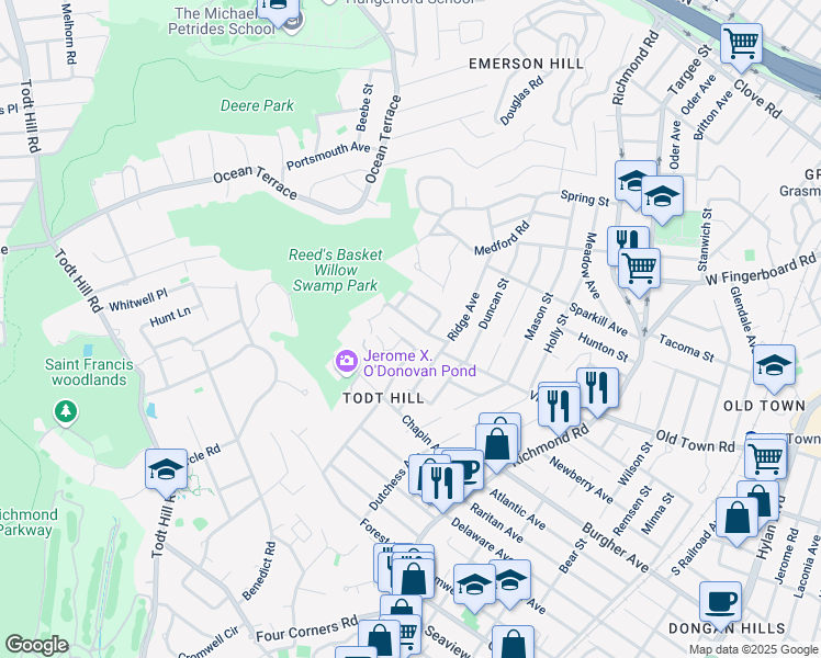 map of restaurants, bars, coffee shops, grocery stores, and more near 37 Hillview Lane in Staten Island
